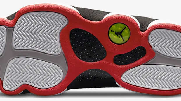 View of white and red Air Jordan shoe outsole.